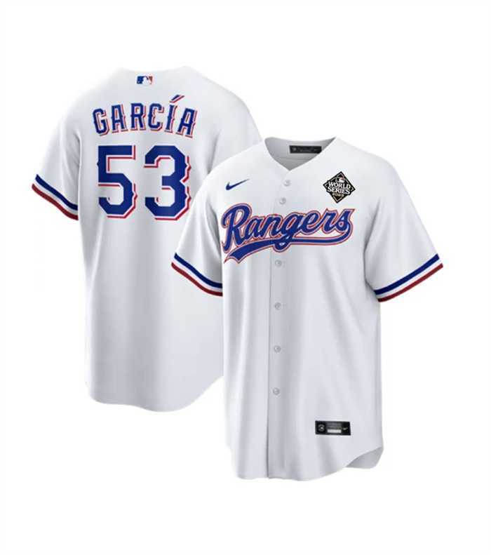 Men%27s Texas Rangers #53 Adolis Garcia White 2023 World Series Stitched Baseball Jersey Dzhi->texas rangers->MLB Jersey